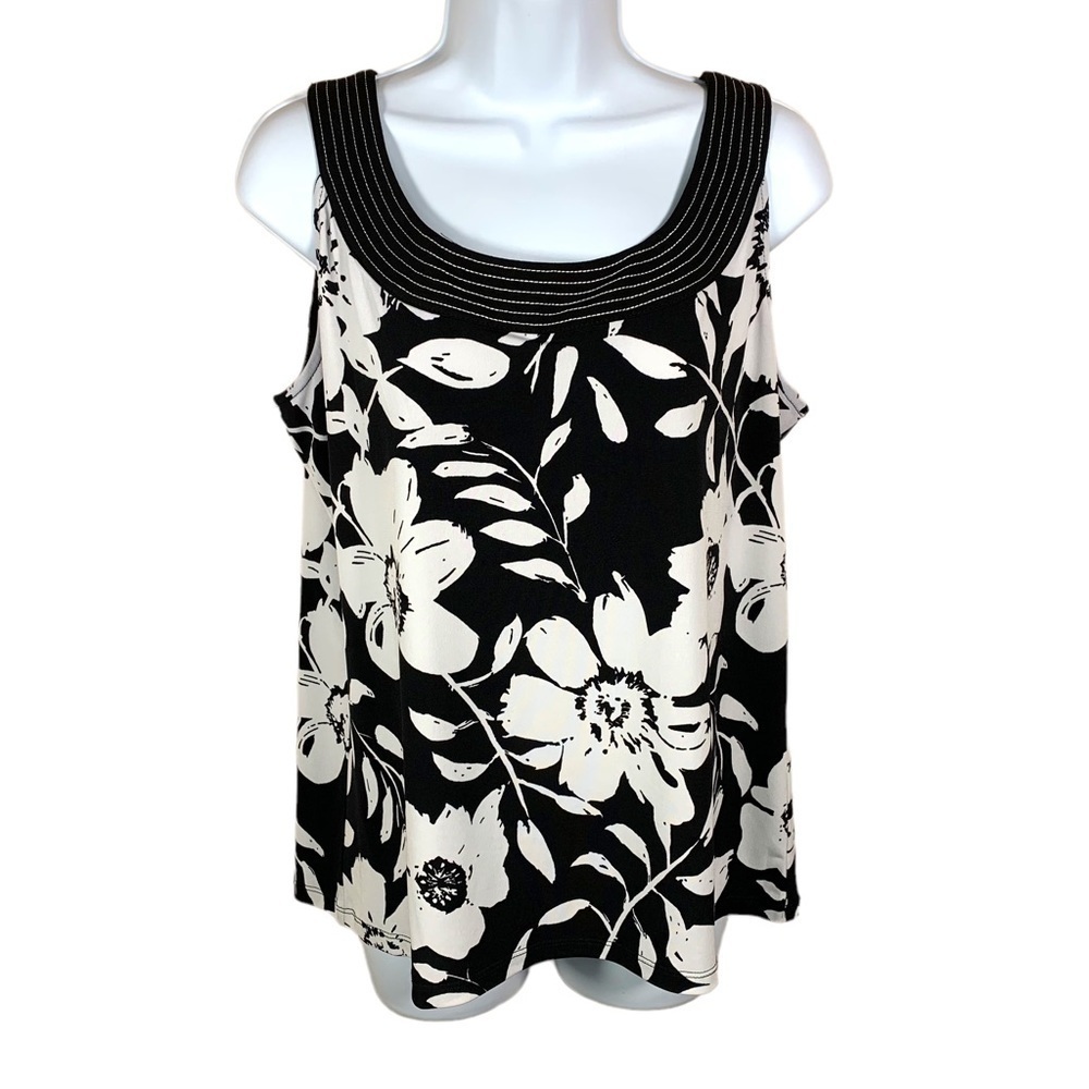 M TanJay Black & White Floral Sleeveless Blouse Stretch Medium 8 10